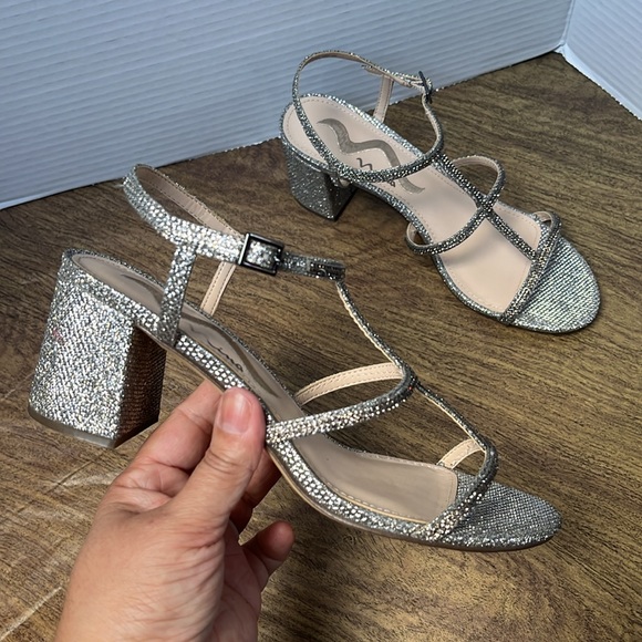 Nina Block Heel Evening Sandals Silver Strap Sandals Heels Size 6.5 - Picture 1 of 15